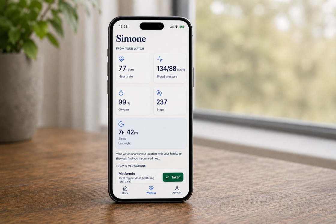 The Simone app on a phone by a window, showing the day’s wellness signals and medications