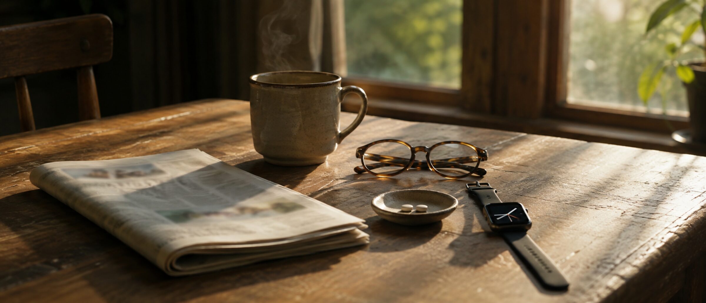 Morning light across a kitchen table: a folded newspaper, a mug, reading glasses, and the Simone watch