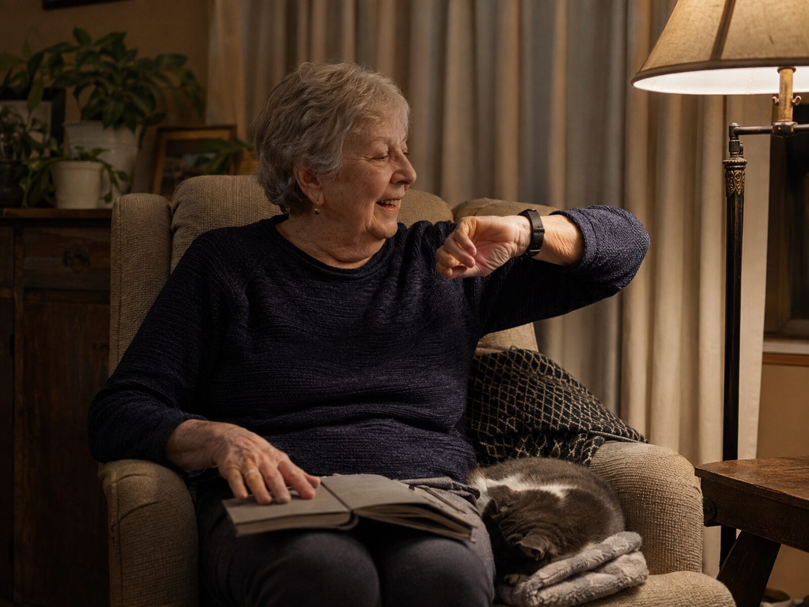 An older woman in a reading chair, lamp on, talking into the watch on her wrist
