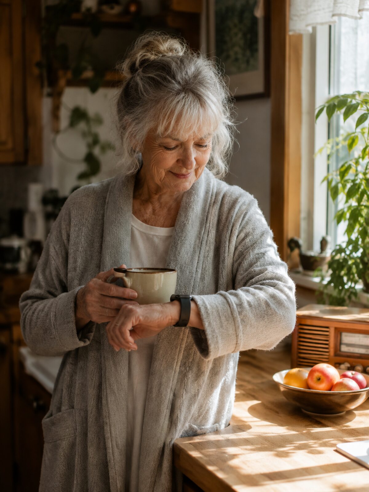 An older woman in a sunlit kitchen, coffee in hand, glancing at her watch