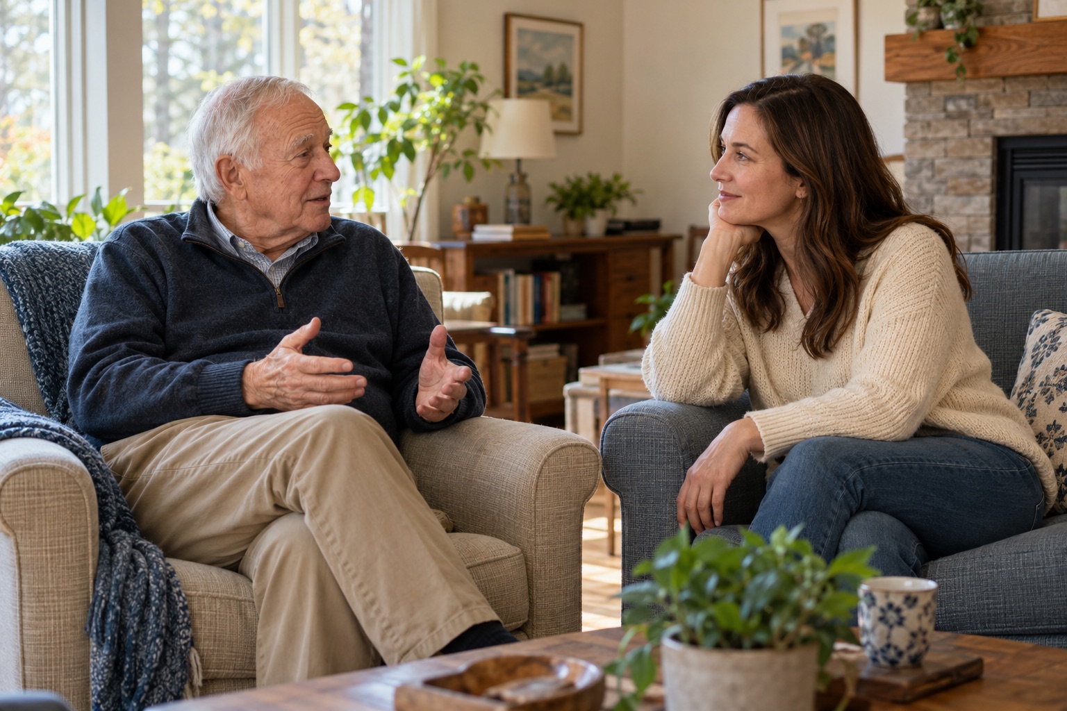 An older father speaking while his adult daughter listens in his living room.