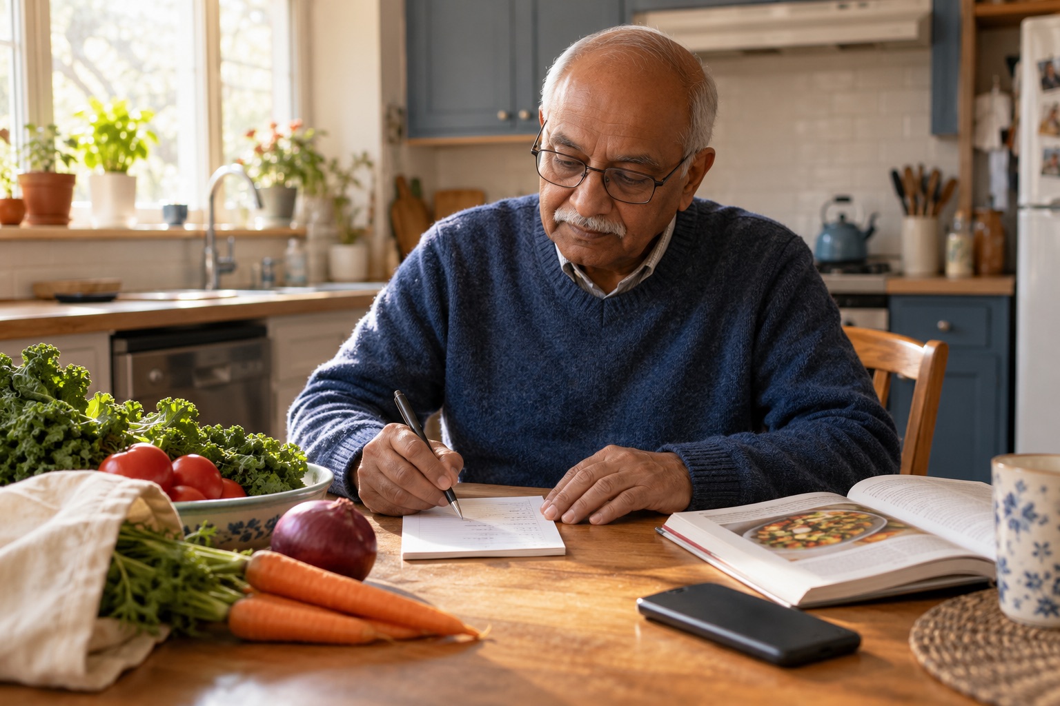 An older man writing a shopping list beside vegetables and a cookbook.