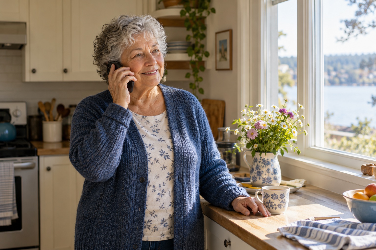 An older woman enjoying a phone conversation beside her kitchen window.