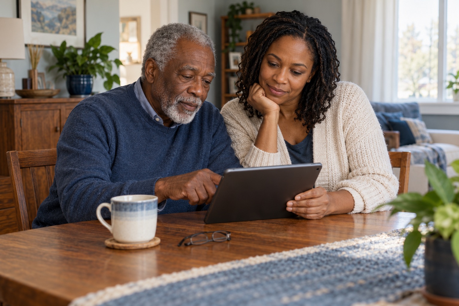 An older man and his adult daughter exploring a tablet together.