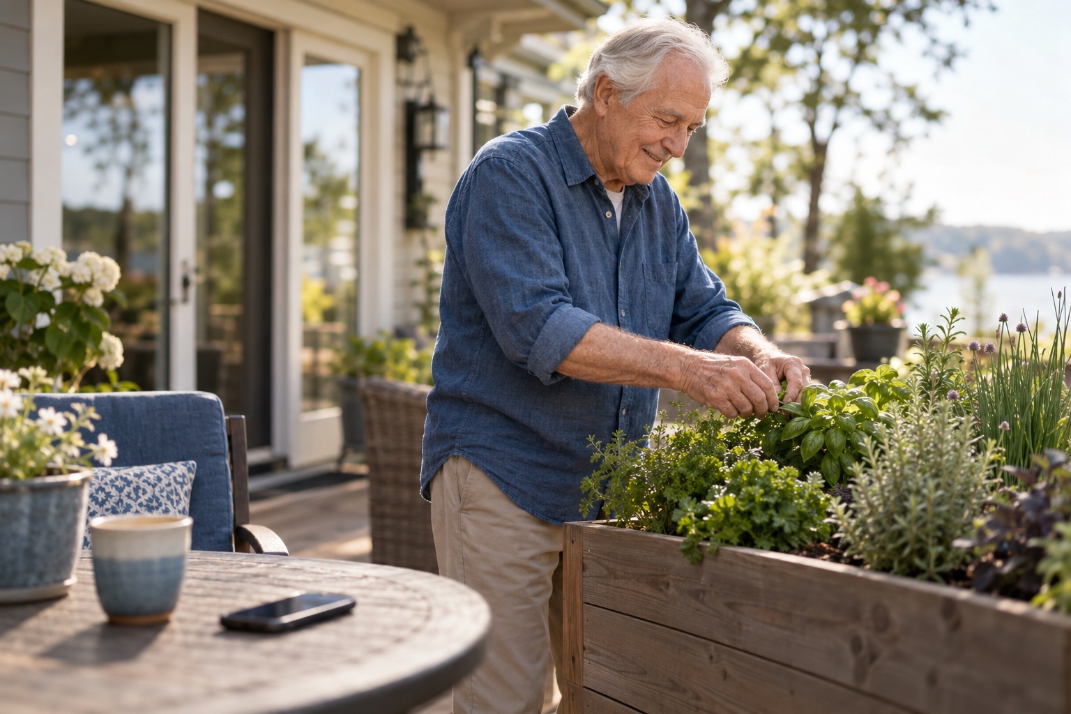 An older man tending herbs on a patio while his phone rests on a nearby table.