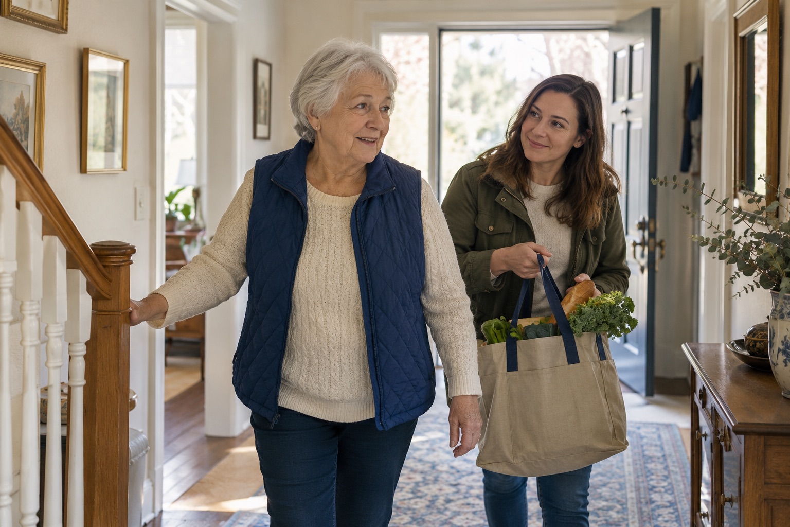An older woman and her adult daughter bringing groceries into her home.