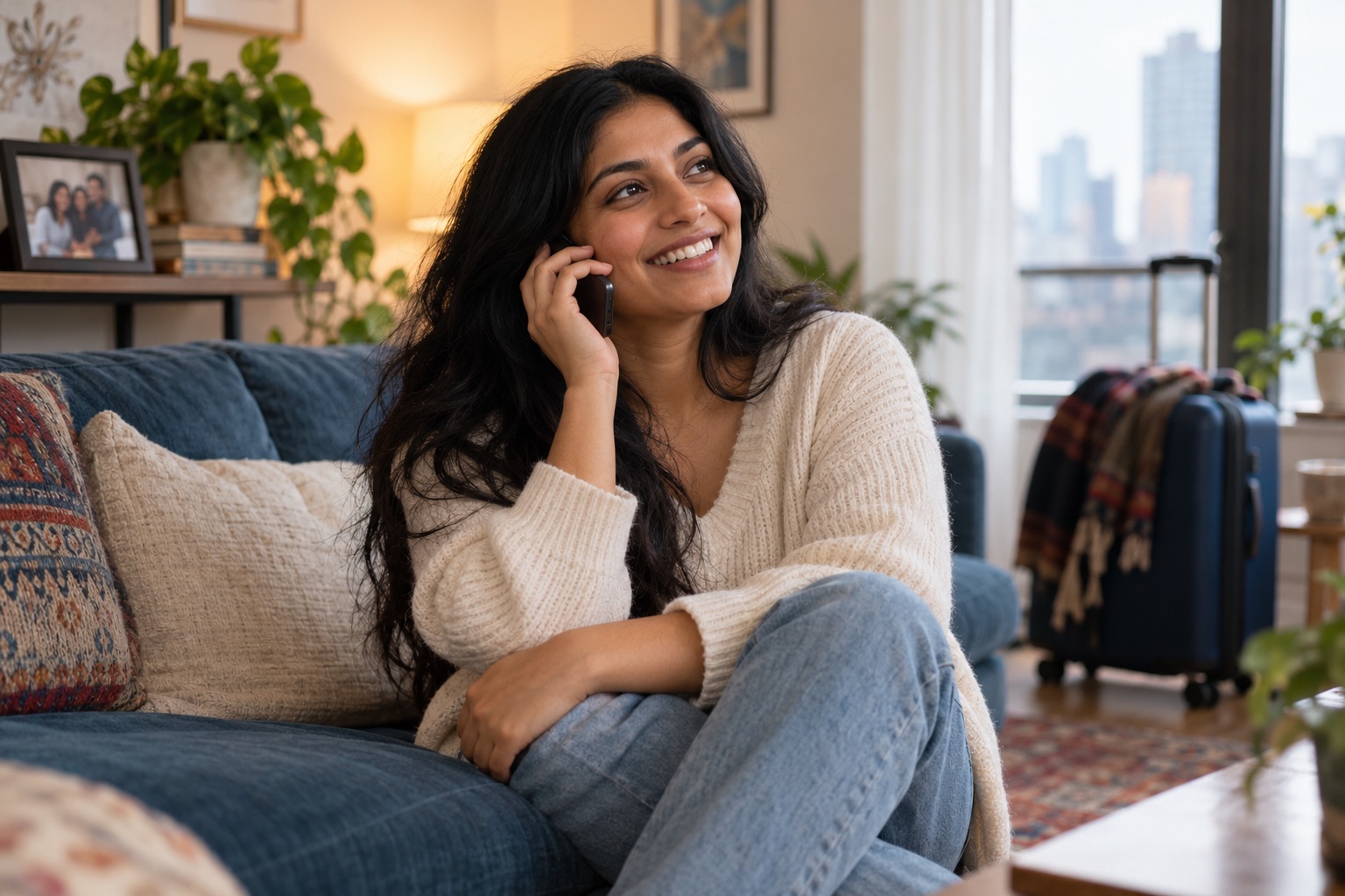 An adult daughter enjoying a phone call in her apartment with a travel bag nearby.