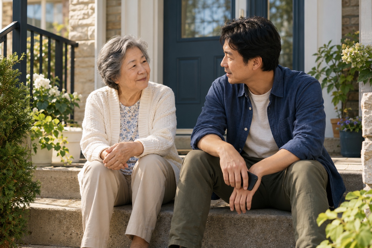 An older woman and her adult son talking on the front steps of a home.