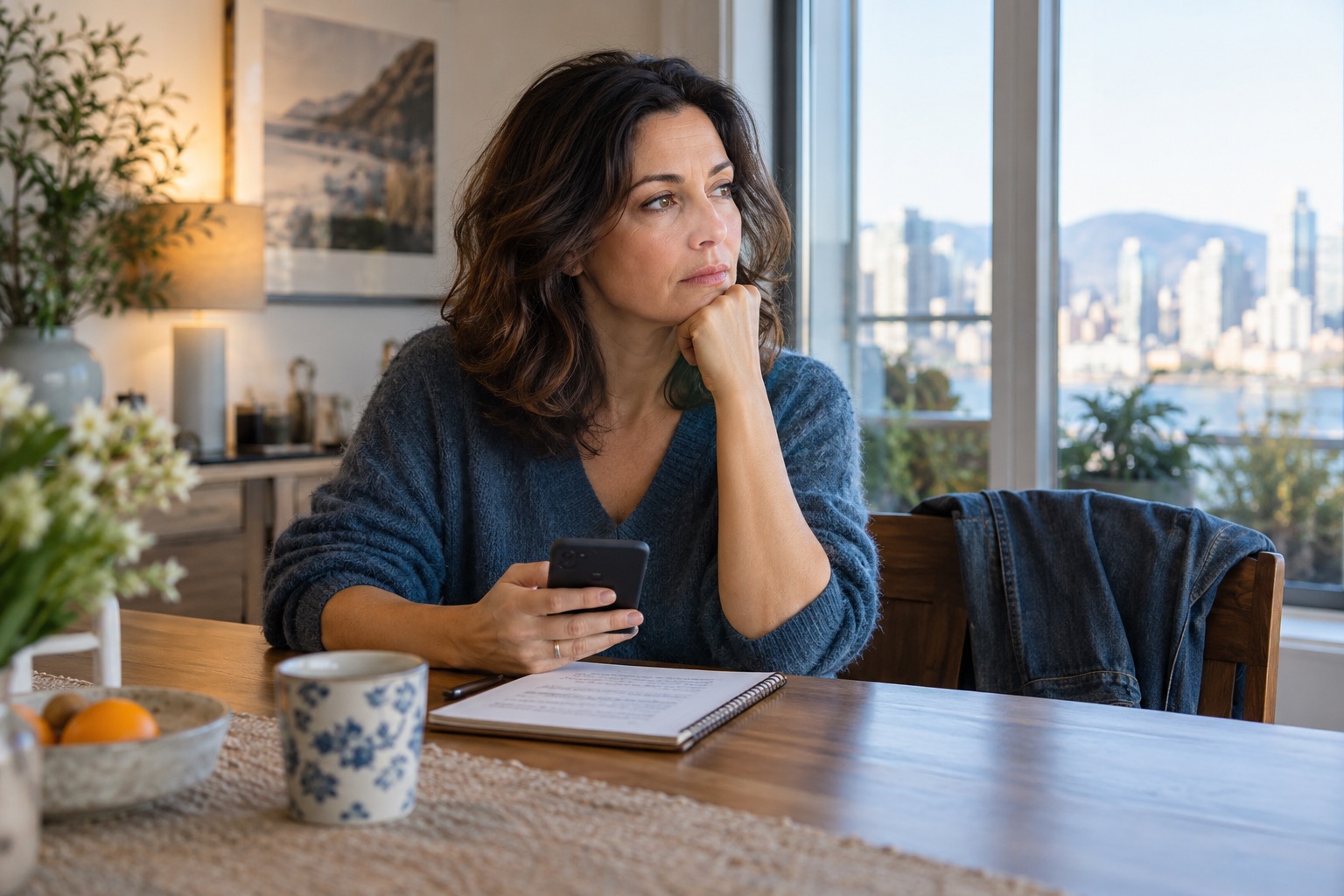 An adult daughter pausing with her phone and a notebook at home.
