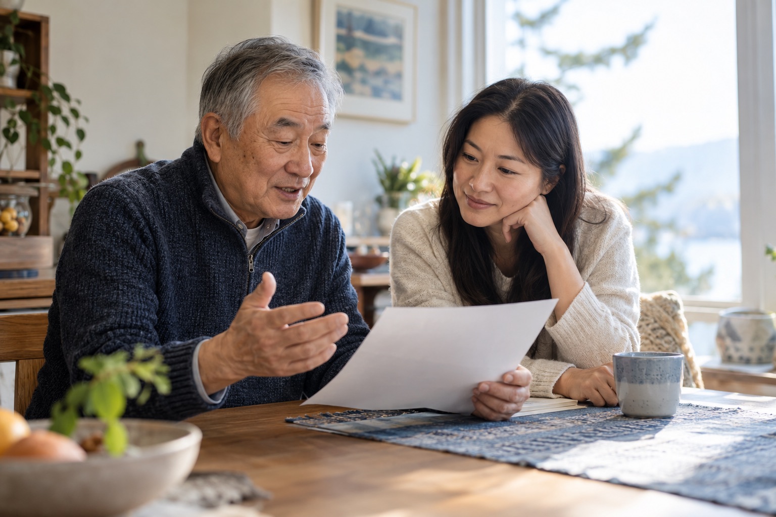 An older man and his adult daughter discussing a paper at their kitchen table.