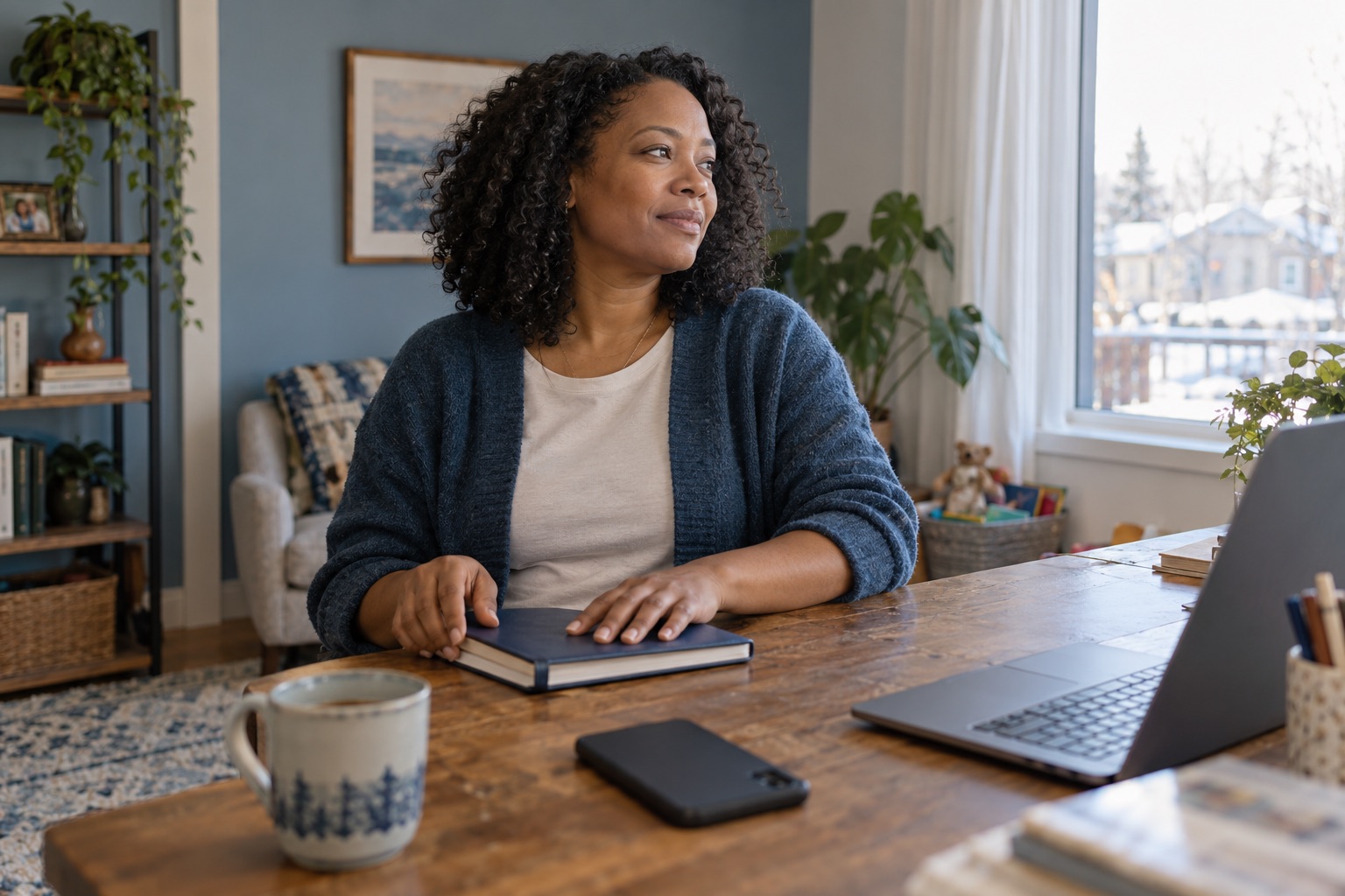 A woman taking a pause at her home office desk beside a laptop and notebook.
