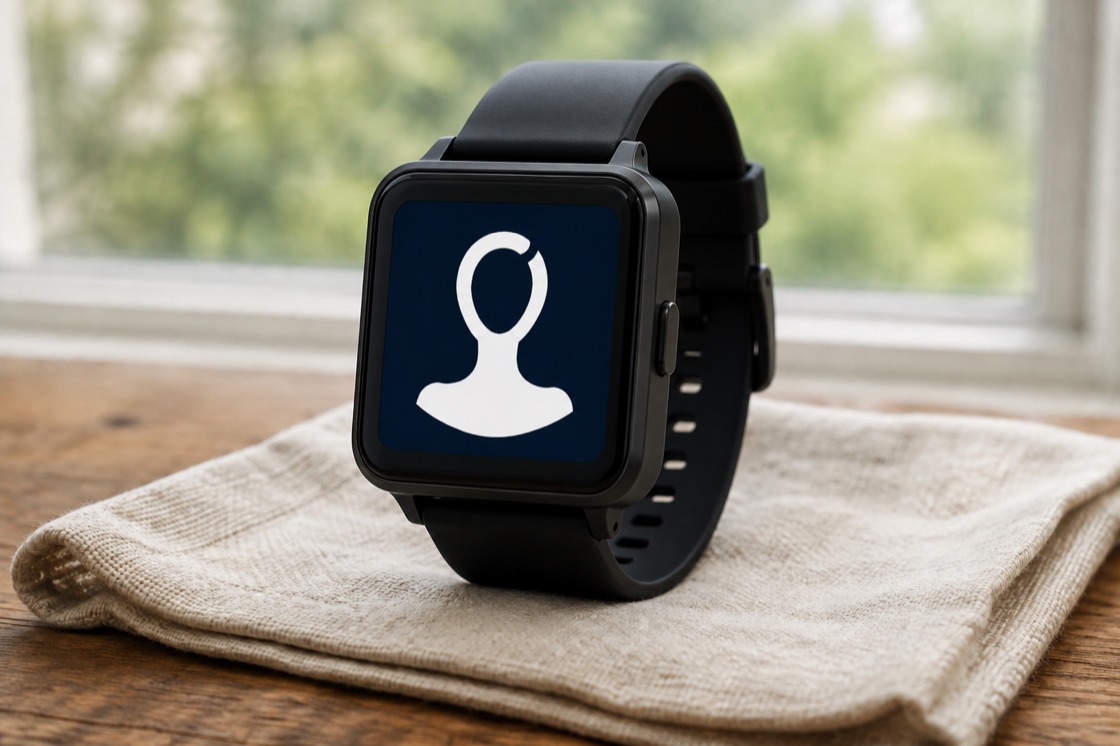 The Simone watch: a black 4G watch with a square face, resting on linen by a window