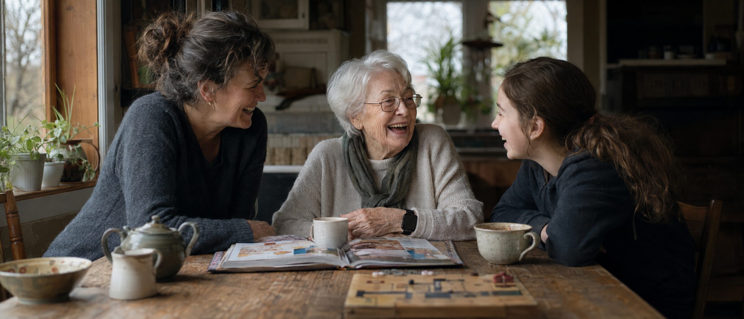 Three generations of a family around a kitchen table, laughing, late afternoon light